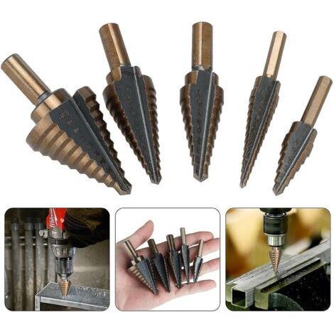 ALOVEZ Lot de 5 Forets Coniques en Acier HSS Titane 5-35mm – Mèches Étagées pour Perçage Métal, Bois, Aluminium et PVC – Coupe Rapide et Précise (1/3)