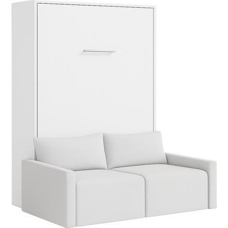 Lit escamotable vertical avec canapé tissu VALENCIA Matelas mousse 18 cm Gris clair-Avec matelas-90x190-Canapé Gris clair-Structure Blanche (1/5)