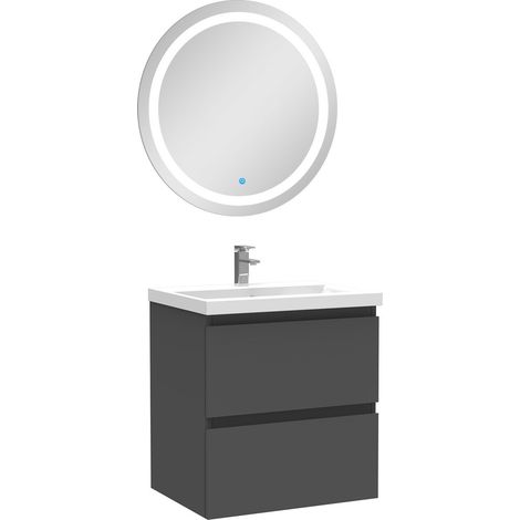 Ensemble Ocean meuble Salle de Bain 50cm Anthracite simple vasque + miroir lumineux rond