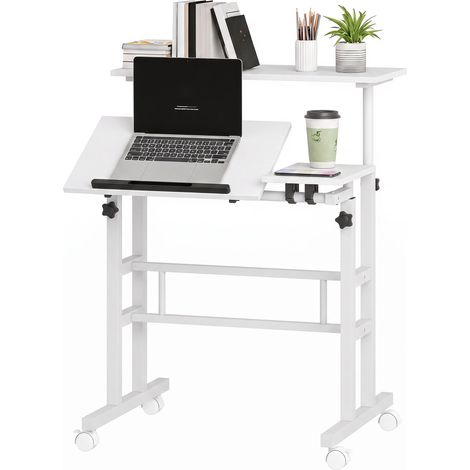 Bureau Assis-Debout, Bureau Réglable en Hauteur 70 x 60 cm, à Roulettes avec Plateau Inclinable, 70x60x70,5-120cm, Blanc (1/5)
