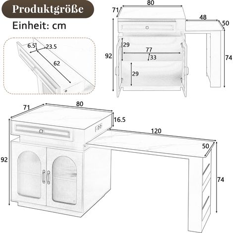 Îlot de cuisine sur roulettes, table extensible avec éclairage LED, comptoir bar avec prises intégrées, idéal comme îlot, buffet ou bar pour cuisine et salle à manger (Noir) (1/5)