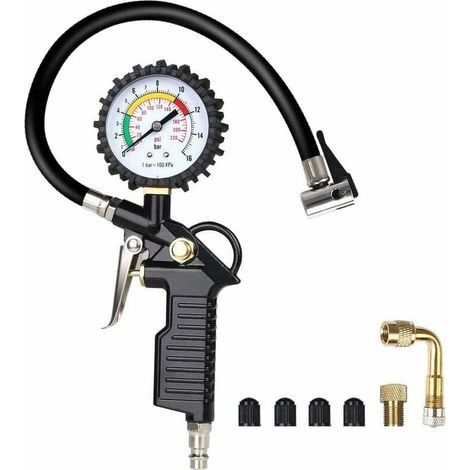 Manometre Pression Pneu, Numérique Manomètre Pneu, Pistolet de Gonflage Manomètre Avec 4 Bouchons de Valve//un Adaptateur de Buse à Air Français//une Tige de Rallonge en Métal de 90 Degrés (1/5)