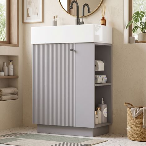 URBAN MEUBLE Mobiletto lavabo compatto in ceramica grigia con effetto legno naturale, scanalature e portarotolo di carta igienica removibile, 55 cm (rubinetto non incluso) (1/5)