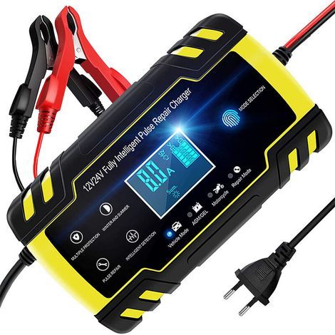 Redresseur de batterie intelligent pour voiture et moto, 12 V/24 V, vitesse de charge maximale de 8 A, régulation de tension, fonction de réparation de batterie à impulsion, écran tactile, LCD, noir/j (1/5)