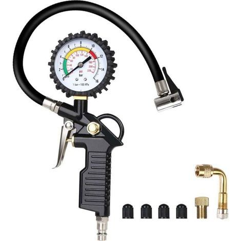 Manometre Pression Pneu, Numérique Manomètre Pneu, Pistolet de Gonflage Manomètre Avec 4 Bouchons de Valve/un Adaptateur de Buse à Air Français/une Tige de Rallonge en Métal de 90 Degrés (1/4)