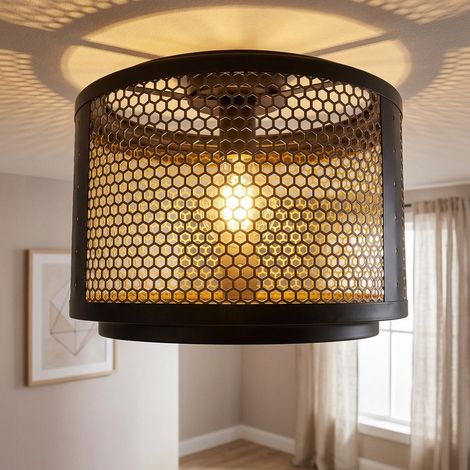 Plafonnier LED Lampe de salon noir or Lampe rétro Lampe de table, abat-jour grillagé métal rond, 1x E27 filament LED blanc chaud, DxH 40x34 cm (1/5)