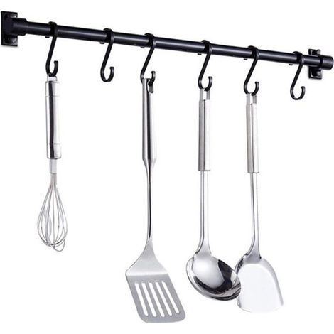 (Noir)Barre Murale Cuisine Ustensiles,40CM Barre Étagère de Cuisine avec 6 Crochets Amovibles,Rack Porte Étagère à Fixation Murale(Noir) (1/4)