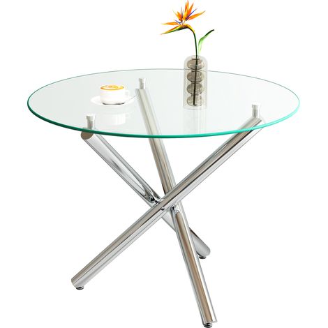 CAIziTable ronde verre trempé, pieds métalliques argentés, 80x80x76 cm