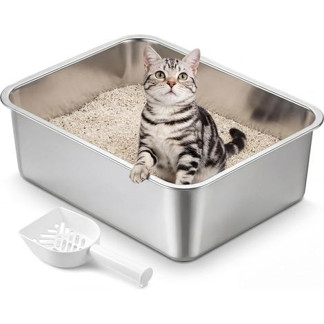 Bac à Litière pour Chat en Acier Inoxydable, Litière Ouverte avec Pelle, Argent, 45 x 35 x 15 cm, pour Chatons et Petits Chats PPT014E101 (1/5)