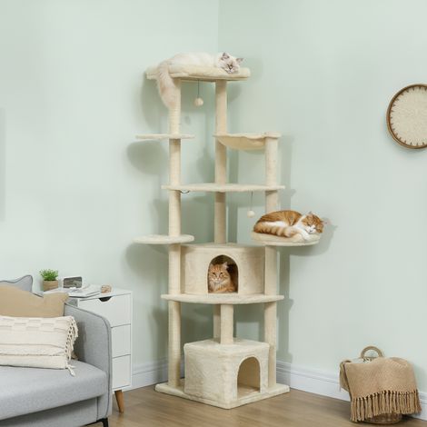 Árbol rascador de 2 metros de altura para 2-3 gatos, con postes rascadores, cuevas, hamaca, escondites, diseño multinivel, sisal, madera, felpa, color beige. (1/5)
