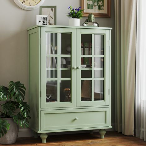MODFU – Aparador vitrina 71x38x93 cm de MDF y vidrio templado con 2 puertas de vidrio, estante regulable, cajón, acabado UV, patas de madera maciza y carga 45 kg – Verde menta (1/5)