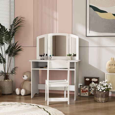 Set de maquillaje infantil para niñas de 3 a 6 años, tocador con espejo triple extraíble y silla de madera, color blanco.