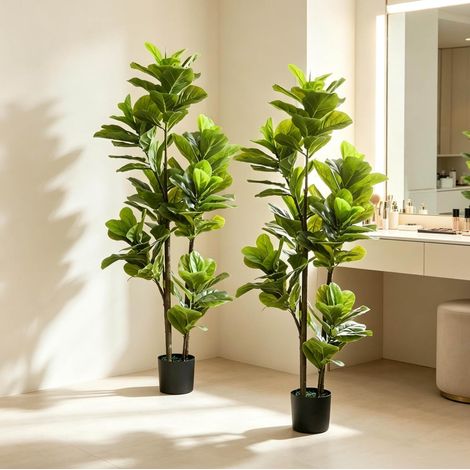 2er-Set künstliche Ficus-lyrata-Pflanzen 150 cm in Grün mit Zementtopf (1/5)