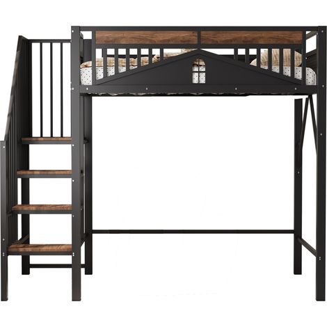 Lit mezzanine en métal 90 x 200 cm, garde-corps de sécurité unique avec fenêtre, avec échelle de sécurité, espace suffisant sous le lit pour un revêtement en tissu libre, noir