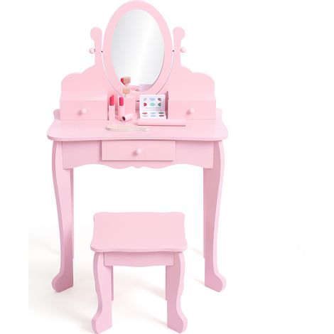 Set Coiffeuse Princesse Enfant en Bois avec Miroir & Tabouret - Table de Maquillage avec Tiroir pour Filles 4-9 Ans - Rose (1/5)