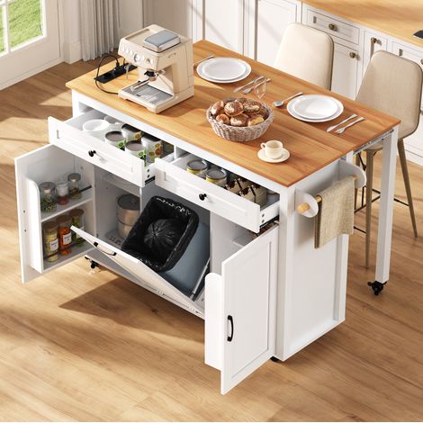 Isola da cucina mobile con piano estensibile, prese integrate, 120 x 40-75 x 92 cm, bianco DESVIAE (1/5)