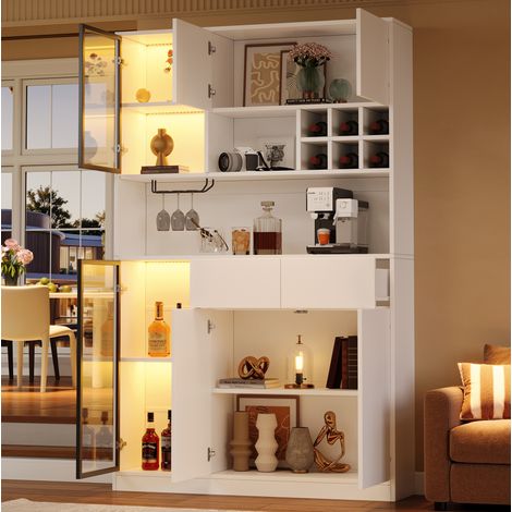 Vitrine buffet 120x33x200 cm avec LED, 6 portes, 2 tiroirs et étagères ouvertes en panneaux de particules blanc (1/5)