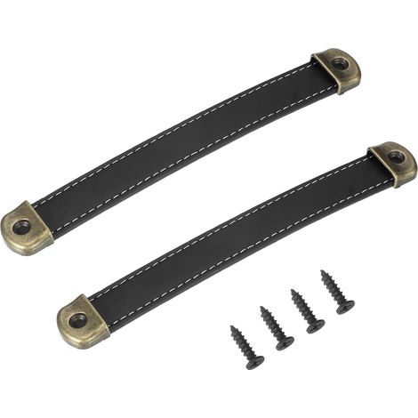 Poignées De Tiroir En Cuir 7" Avec Feuille De Fer, 2 Pièces Poignées De Malle En Bande De Cuir Boutons De Meuble Remplacement De Quincaillerie Avec Vis 18mms, Noir (1/5)