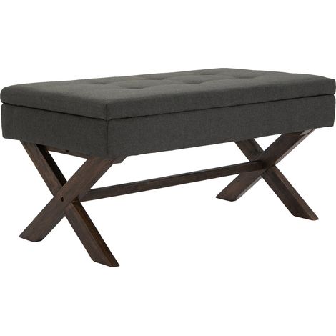 Panca fondoletto con vano contenitore da 98 cm in tessuto grigio scuro con bottoni decorativi, piedini scuri 100003655