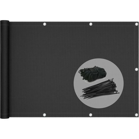 Mampara de privacidad para balcón 100% HDPE 200 g/m² Protección UV Resistente a desgarros y viento Incluye bridas y cordones 500x90cm Negro (1/4)