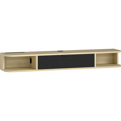 Meuble TV mural suspendu 120x24x16cm noir, support écran jusqu'à 50 pouces, commode avec tiroir rabattable et 2 étagères (1/5)