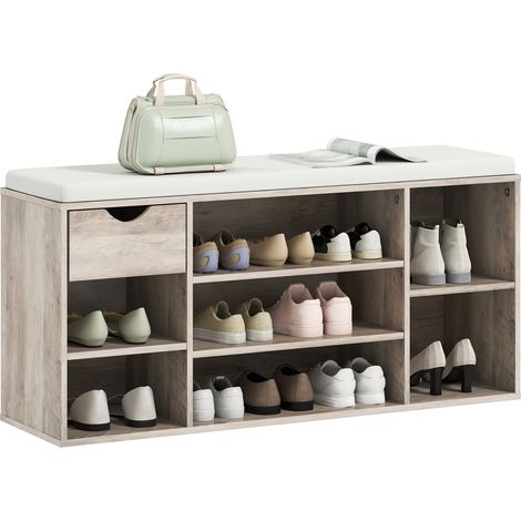 HOMCOM Shoe Storage Cabinet Bench w/ Cushion Adjustable Shelves Grey (1/5)