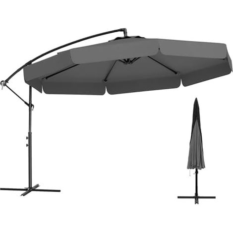 Parasol de 300 cm avec housse de protection, manivelle et volant, angle d'inclinaison réglable, parasol de jardin, de marché (gris), gris (1/5)