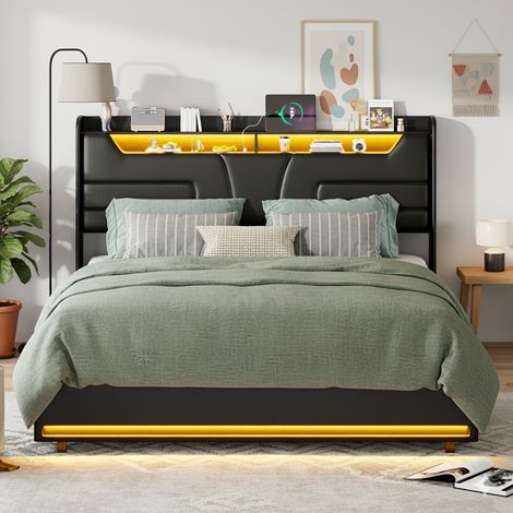 Bett 140 x 200 cm – Bettkastenbett 140 LED mit Lattenrost und Kopfteil mit Ablageflächen, Ladestation – PU – Schwarz