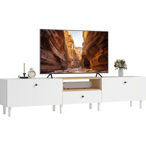 Meuble TV de 200 cm, convient aux téléviseurs de 90 pouces et moins, 2 étagères rabattables, 1 étagère ouverte, 1 tiroir, 8 pieds, matériau en panneaux de particules, blanc.
