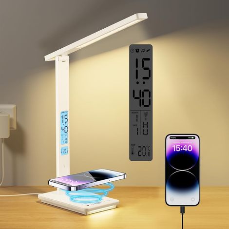 Lampe bureau LED chargeur sans fil port USB 5 couleurs tactile écran LCD horloge (1/5)