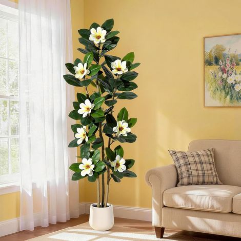 Arbre Ficus Faux 182 cm  Plante Artificielle Intérieur Feuilles Toucher Réel & Troncs Multiples  Pot Fausse Plante Avec Fleurs Blanches Pour Décoration Maison Bureau Salon (1/5)