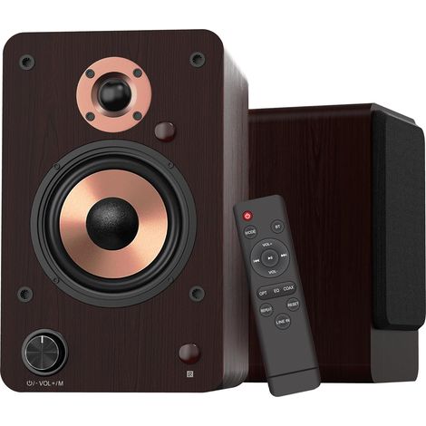 Haut-Parleur d'étagère Bluetooth avec woofer de 10,2 cm, 50 W x 2 Haut-parleurs HiFi Actifs avec Optique, coaxial, RCA, USB, entrée auxiliaire pour TV/Ordinateur/Mini Lecteur enregistreur (1/5)