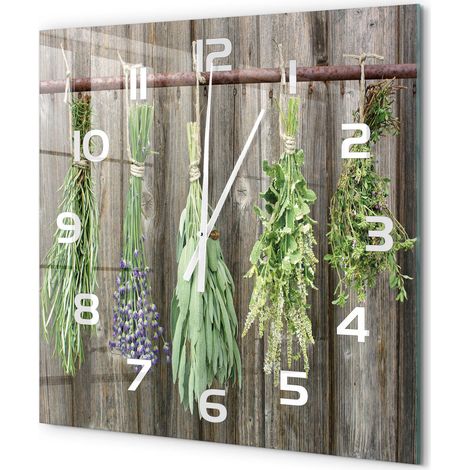 Grande Horloge Murale Carrée Décoration Cuisine en Verre Trempé Silencieuse Moderne Herbes sur une ficelle 60x60 cm (1/5)