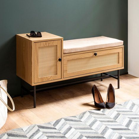 M&S – Banc à chaussures 1 porte 1 tiroir 100x38x60 cm – Effet chêne et rotin – Assise confortable avec coussin amovible – Structure en panneaux agglomérés