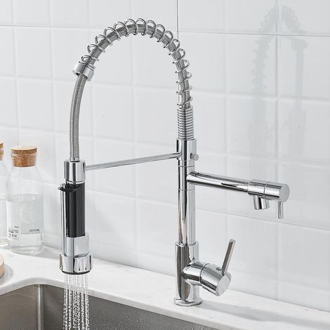 Robinet de cuisine, compatible eau chaude et eau froide, conception rotative à double mode, équipé de buses à double fonction (jet d'eau et brumisateur) – finition électroplaquée. (1/2)