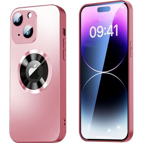 Magnetic Cover iPhone 15 Plus con protección de lente y vista del logo - Rosa