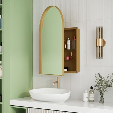 Miroir au sol doré avec rangement mural encastré, cadre métallique, étagères ajustables, meuble de salle de bain, salon ou chambre, Or