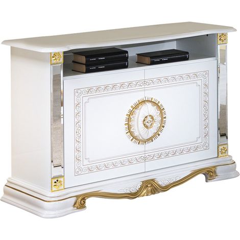 Les Tendances – Meuble TV 2 portes 1 niche bois laqué brillant blanc et doré – Dimensions L 106 x H 78 x P 48 cm – Fabrication italienne – Garantie 5 ans
