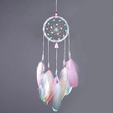 Attrape-rêves circulaire coloré fait main avec plumes et perles, idéal pour la chambre d'enfant, la décoration murale, la voiture ou tout autre objet décoratif. Cadeau artisanal en macramé. (1/4)