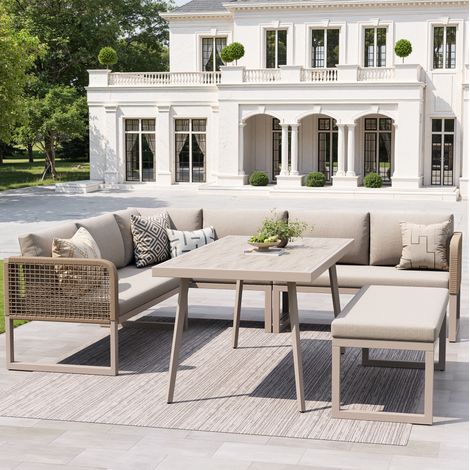 Ensemble de mobilier de jardin modulable en PE rotin beige, métal et verre, avec coussins épais déhoussables (1/5)