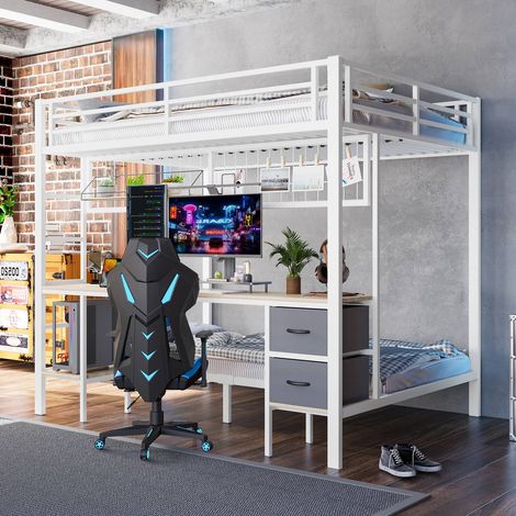 Lit mezzanine 90x200cm blanc avec bureau, tiroirs, étagères, led 7 couleurs et port usb (1/5)