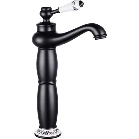 Grifo de baño de cuello de cisne, monomando, de sobre encimera, 1 orificio, para lavabo, grifo de agua fría y caliente (negro) (1/5)
