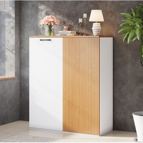 Table basse relevable 110x50 cm MDF couleur noyer, rangement caché et portes coulissantes - CHICFURN (1/5)