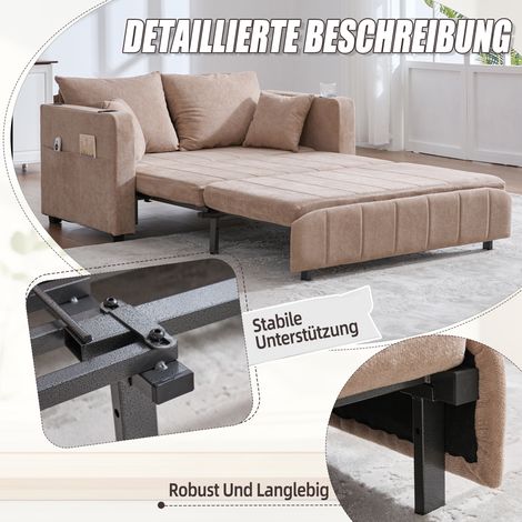 Canapé multifonctionnel en tissu pliable convertible en lit,revêtement lavable,rangement,port USB et porte-gobelet pour petits salons.