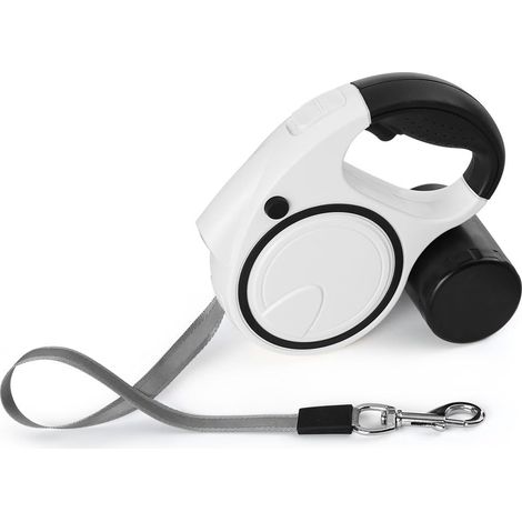 Laisse Chien Rétractable, 5 M Laisse Chien Enrouleur avec Lampe de Poche LED, Support Sac à Déjections Canines, Laisse Télescopique Nylon, Laisse de Dressage Automatique pour Chiens Jusqu'à 30kg