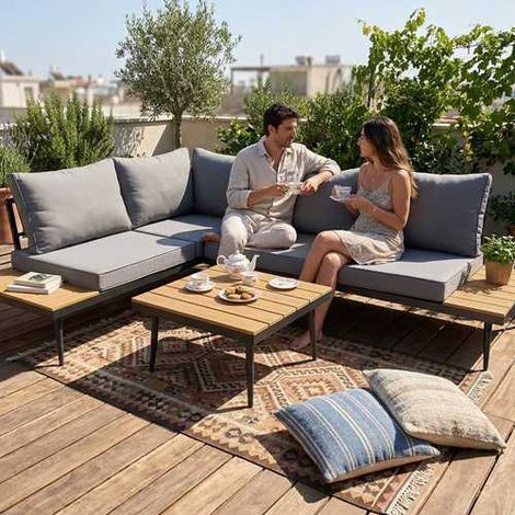 BIRCHTREE 3-Seater Garden Furniture Set Corner Sofa Conversation Set W/Coffee Table Grey