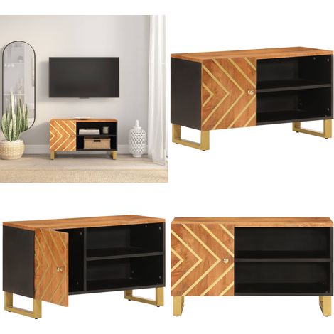 Meuble TV marron et noir 80x31,5x46 cm bois massif de manguier - Meubles Tv - Meuble Tv - Meuble Audiovisuel - Unité Multimedia - Rangement Tv - Home & Living