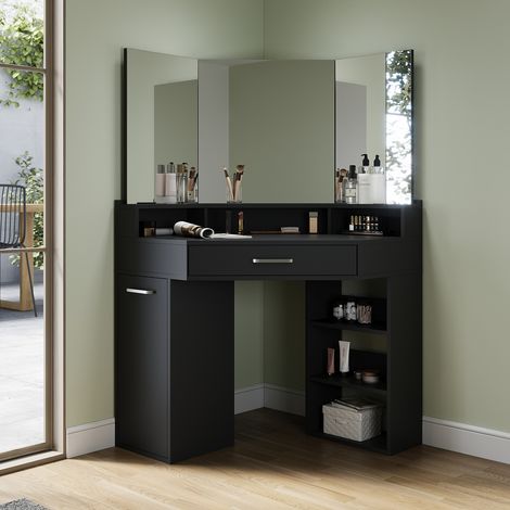 ELEGANT Corner Dressing Table with 3 Large Movable Triple Mirror, 3 Open Compartments and 2 Drawers, Black Design Single Table