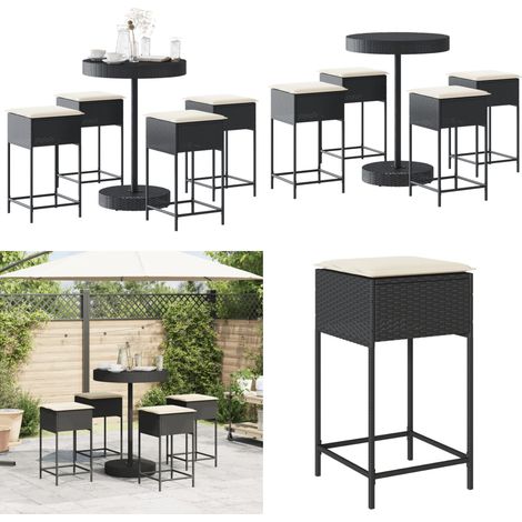 5-tlg. Gartenbar-Set mit Kissen Schwarz Poly Rattan - Gartensets - Gartenbar - Outdoor Möbel - Rattan Gartenmöbel - Wetterfest - Home & Living