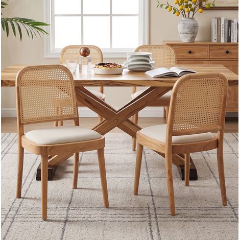 Set de 2 sillas de comedor de madera con respaldo de ratán, asiento de lino, estructura estable (1/5)